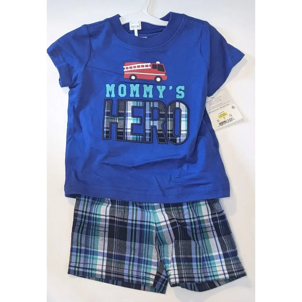 Carter's Fireman 2 piece set 9M Outfit Mommy's Hero Shirt Shorts‎ Blue Plaid